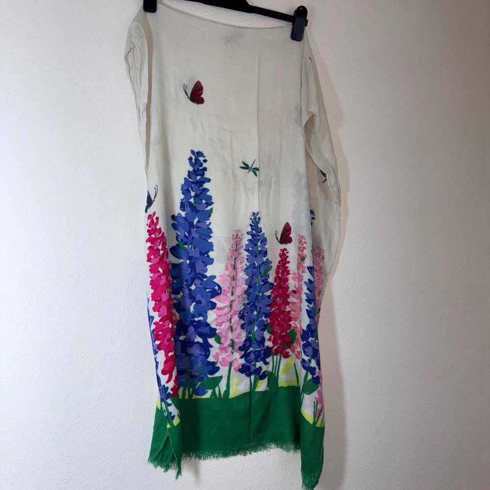 Kate Spade Scarf 24 x 74"  Floral Butterfly snail garden Print  Fringed Wrap